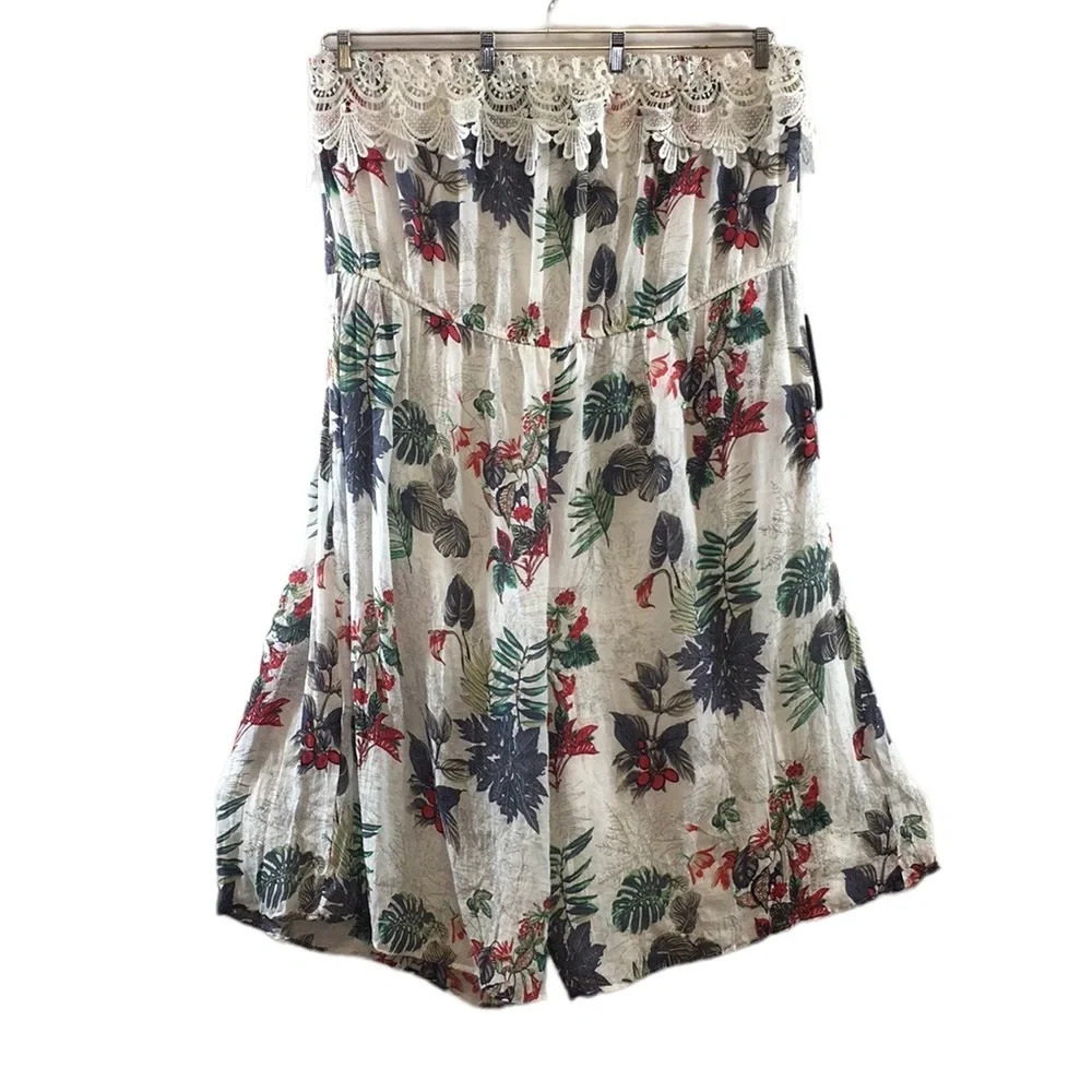 Avenue White Green Floral Strapless‎ Lace Trim Romper Womens 30/32 Plus Boho